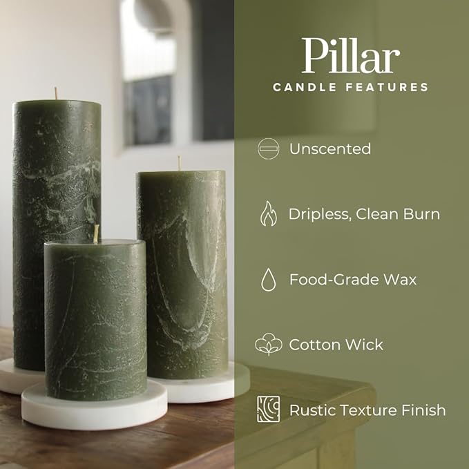 Simply Soson Rustic 2.75"x4"Dark Moss Green Pillar Candles Set of 3-Unscented Candles - Large
