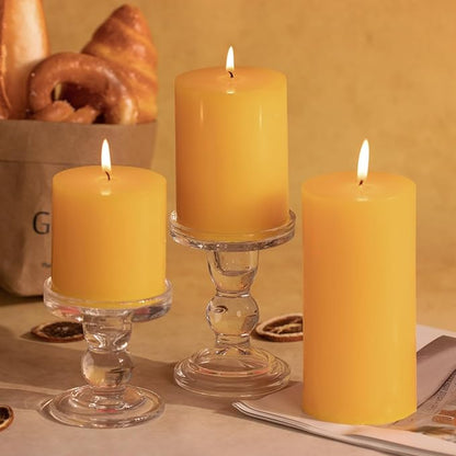 KONNI Yellow Pillar Candles Set of 3, 3"x 3" Unscented Pillar Candles Bulk, 30 Hours Long Burning