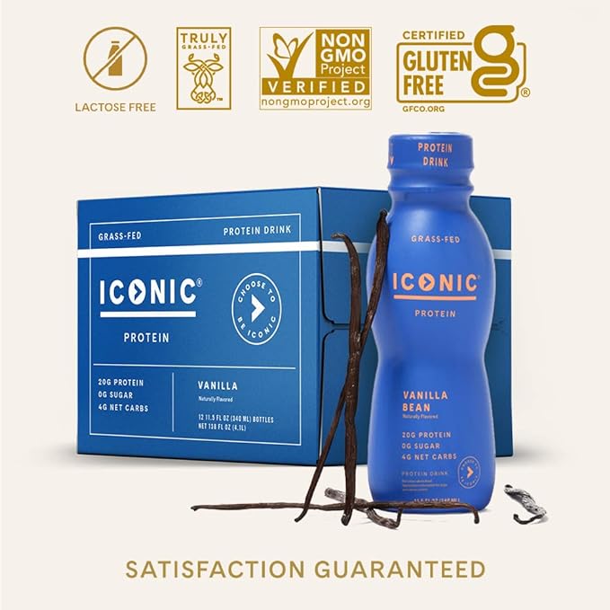 Iconic Protein Drinks, Vanilla Bean (12 Pack) - Sugar Free & Low Carb - 20g Grass Fed Protein