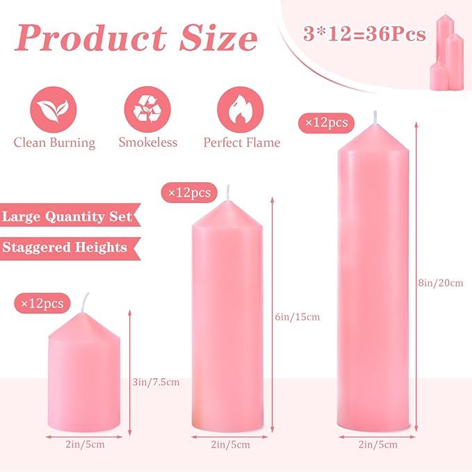 36 Pcs Pink Pillar Candles Bulk Set，Hurricane Candlesï¼? Different Lengths (12 Each)，Dripless