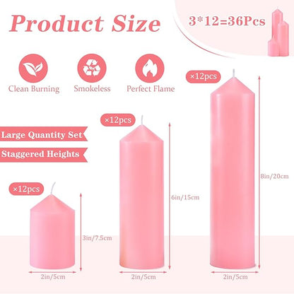 36 Pcs Pink Pillar Candles Bulk Set，Hurricane Candlesï¼? Different Lengths (12 Each)，Dripless