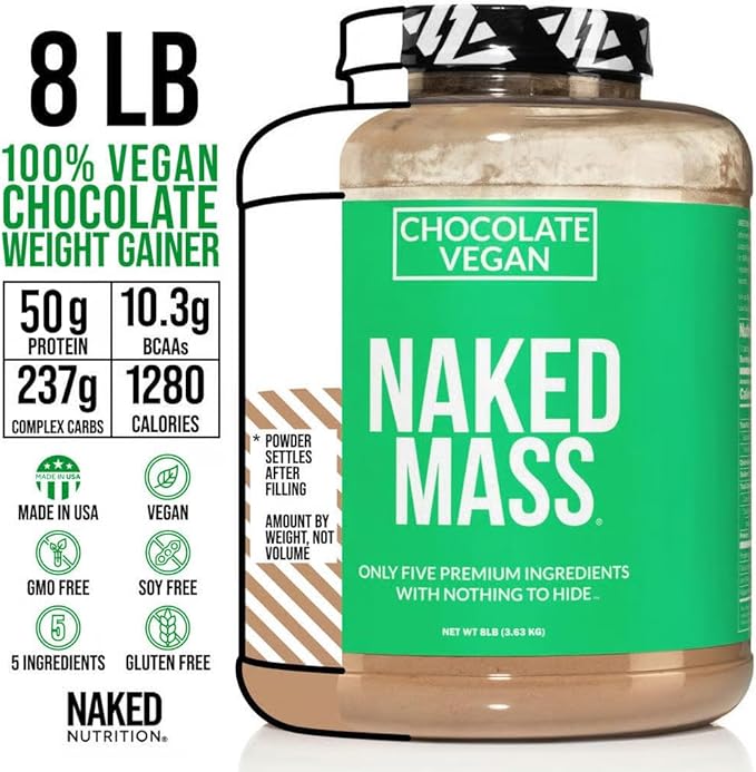 NAKED Vegan Mass - Chocolate Vegan Weight Gainer - 1,280 Calories, Non-GMO, Soy & Gluten Free, No