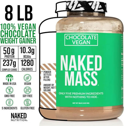 NAKED Vegan Mass - Chocolate Vegan Weight Gainer - 1,280 Calories, Non-GMO, Soy & Gluten Free, No