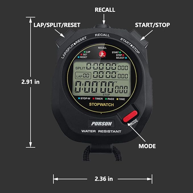 Sport Stopwatch Timer with 100X2laps Split Memory/0.001second Timing,Professional Recall Stop Watch
