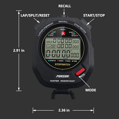 Sport Stopwatch Timer with 100X2laps Split Memory/0.001second Timing,Professional Recall Stop Watch
