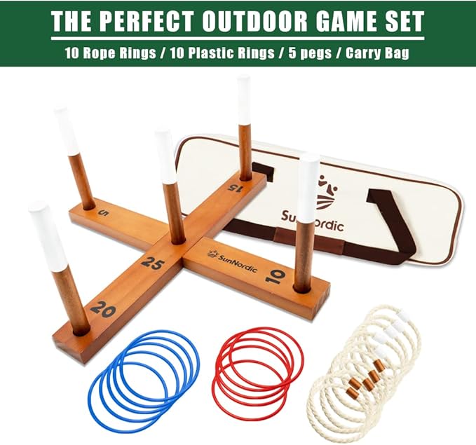 Wooden Ring Toss Game Set, Backyard Beach Camping Game with Toss Rings & Portable Carrying Bag