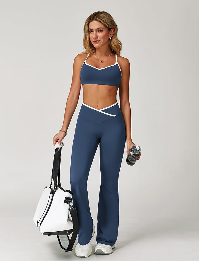 ABOCIW Workout Sets for Women 2 Piece Color Block Strappy Sports Bra High Waist Leggings Gym Yoga