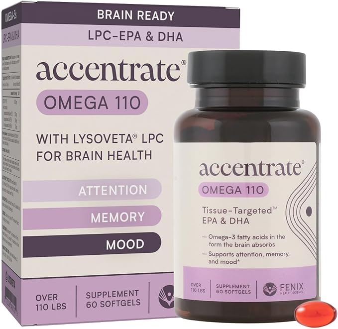 Omega 110 w/LYSOVETA LPC | EPA & DHA Supplements for Brain & Retina Health | Focus, Attention