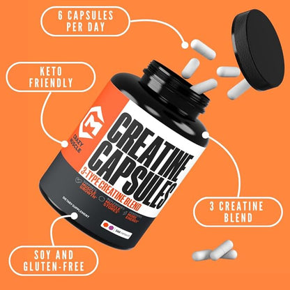Crazy Muscle Creatine Capsules, 5g of Premium 3X ThreeAtine Pre Workout Bulk Mass Gainer, High