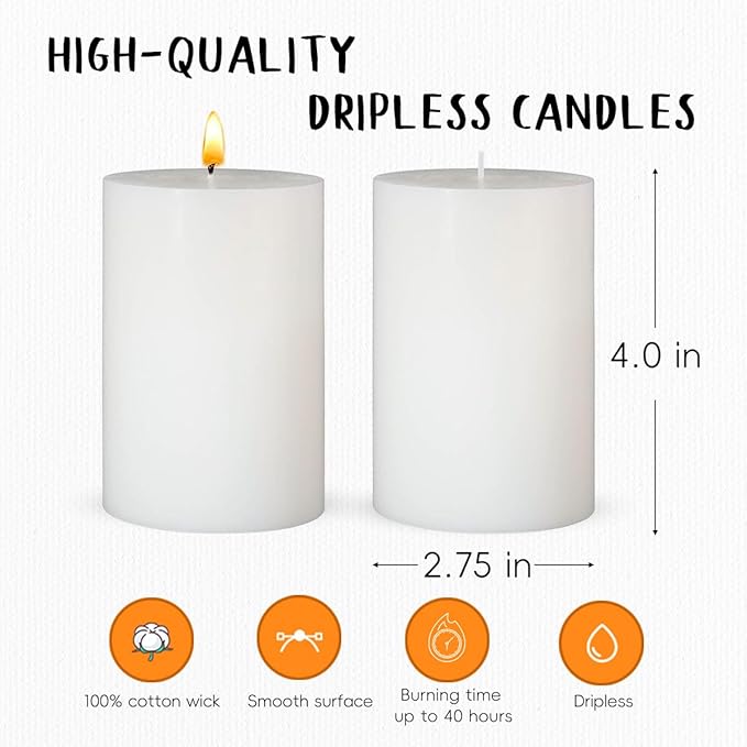 6 Packs Dripless White Pillar Candles, Unscented 2.75x4 Inch Cylinder Wax Candles for Home Table