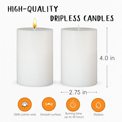 6 Packs Dripless White Pillar Candles, Unscented 2.75x4 Inch Cylinder Wax Candles for Home Table