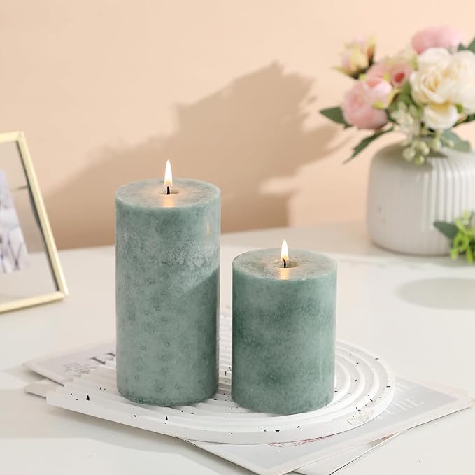 3x4 inch Green Pillar Candles Set of 3, Unscented Pillar Candle, Dripless and Smokeless Large