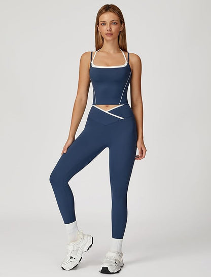 ABOCIW Workout Sets for Women 2 Piece Color Block Strappy Sports Bra High Waist Leggings Gym Yoga