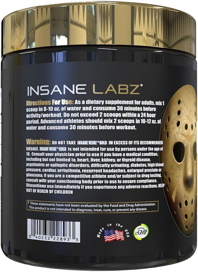 Insane Labz Insane Veinz Gold, Nitric Oxide Non Stimulant pre Workout Powder, Loaded with Hydromax