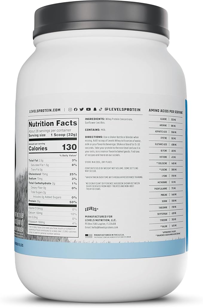 Levels Grass Fed Whey Protein Powder, No Artificials, 25G of Protein, Unflavored, 2LB