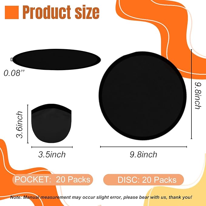 20PCS Foldable Flying Disc Fans with Bags, 9.8'' DIY Handheld Black Egde Fabric Folding Fan for