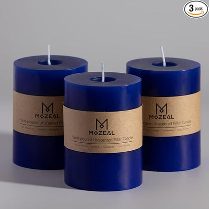 MOZEAL 3" x 4" Hand-Poured Unscented Candle, Dripless Pillar Candle Set of 3, Long Clean Burning