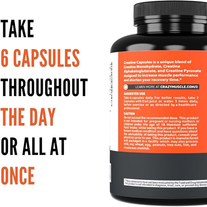 Creatine Capsules, 5g Premium 3X ThreeAtine Pre Workout Bulk Muscle Mass Gainer, High Absorption