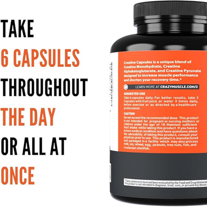 Creatine Capsules, 5g Premium 3X ThreeAtine Pre Workout Bulk Muscle Mass Gainer, High Absorption