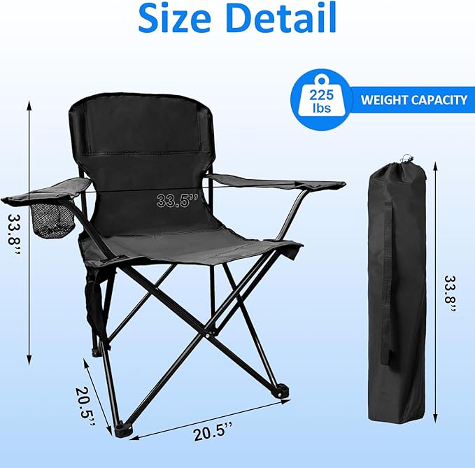 Folding Camping Chair, 225lb Capacity, Includes Cup Holder & Side Storage Bag, 5.5lbs Portable for
