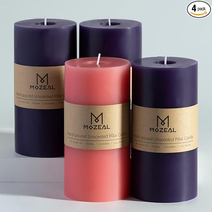 MOZEAL 3" x 6" Hand-Poured, Unscented Pillar Candles. Each Offers Approx 115 Hours of Clean