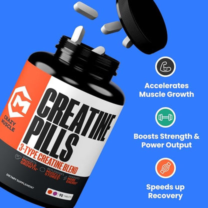 Crazy Muscle Creatine Pills, 5g 3X Pure Creatine Monohydrate, Pre Workout Bulk Muscle Mass Gainer
