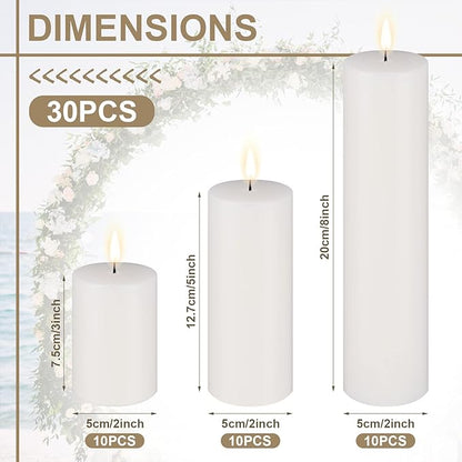 Amyhill Set of 30 White Unscented Pillar Candles 2 x 3, 2 x 5, 2 x 8 Inch Large Tall Pillar Candles