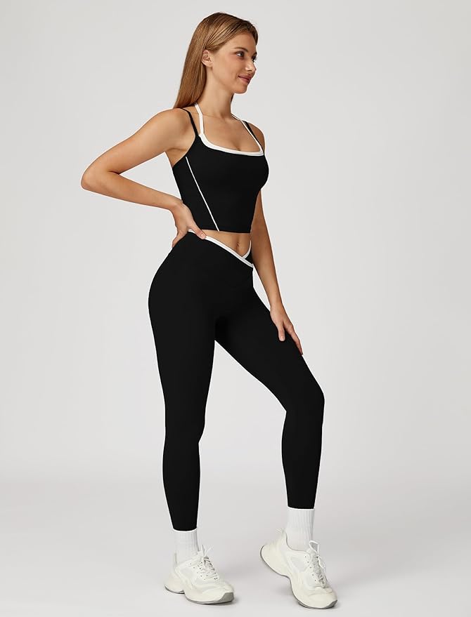 ABOCIW Workout Sets for Women 2 Piece Color Block Strappy Sports Bra High Waist Leggings Gym Yoga