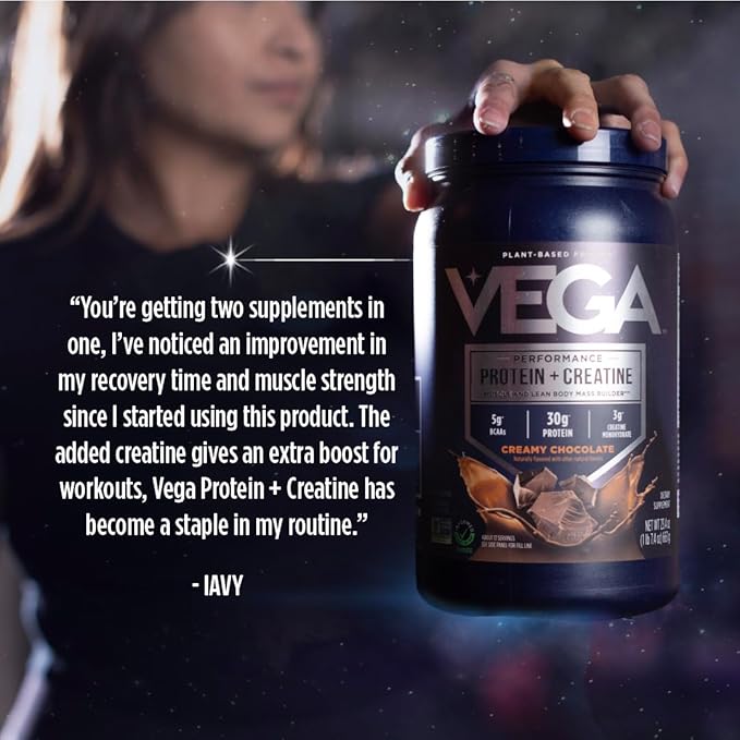 Vega Protein + Creatine - 30g Plant-Based Protein, Vanilla, 13 Servings, 3g Creatine, 5g BCAAs