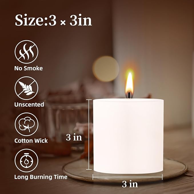 KONNI White Pillar Candles Set of 3, 3"x 3" Unscented Pillar Candles Bulk, 30 Hours Long Burning
