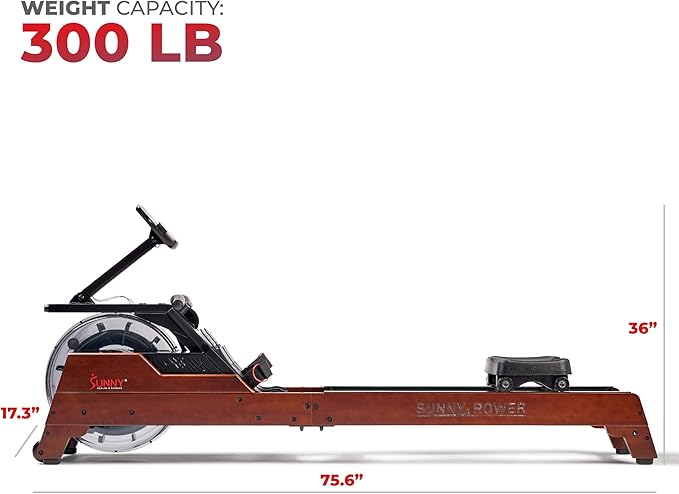 Sunny Health & Fitness Elite Water Rowing Machine with High Dynamic Resistance Vertical Tank