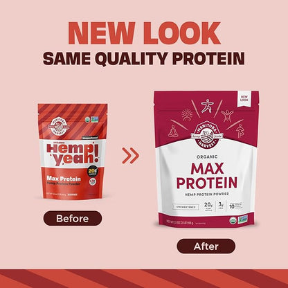 Manitoba Harvest Hemp Yeah Organic Max Protein Powder, Unsweetened, 32oz, with 20g Protein and 4.5g