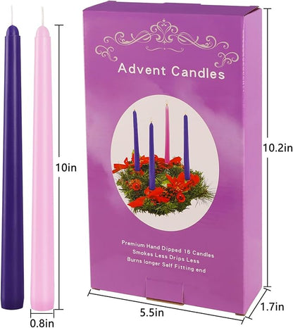 16 Pack Advent Taper Candles Premium Hand Dipped 10in Unscented Christmas Taper Candles - Ideal for