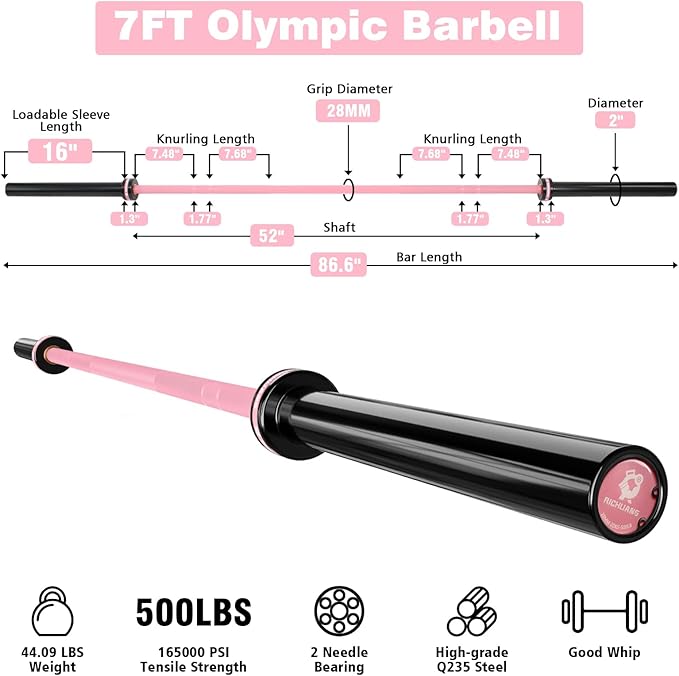 7ft Olympic Barbell, Weightlifting Barbell 28mm 45lb - 500/700/1000lbs Capacity with Smooth