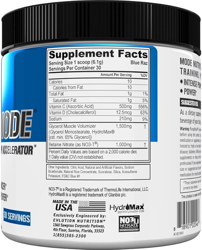 EVL PumpMode Nitric Oxide Supplement - Nitric Oxide Booster Pump Pre Workout Powder with Glycerol