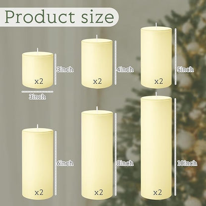 Shihanee 12 Pcs Pillar Candles 3 in x 3,4,5,6,8,10 Dripless Unscented Smokeless Candle Long Burning