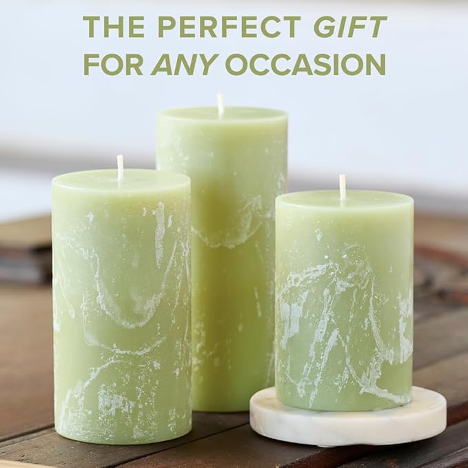 Simply Soson 3x6 inch Green Sage Rustic Pillar Scented Candle - 3 Pack - for Home Decor