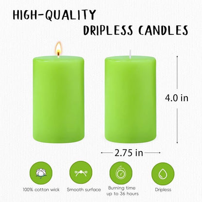 6 Packs Unscented 2.75x4 Inch Light Green Colored Pillar Candles, Non-Toxic Dripless Cylinder Wax