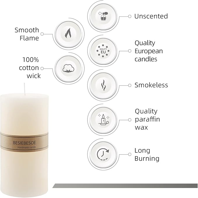 3 x 8 Ivory Pillar Candles Set of 6 Unscented Handpoured Weddings, Home Decoration, Restaurants