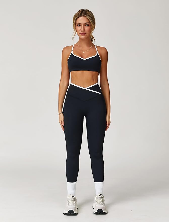 ABOCIW Workout Sets for Women 2 Piece Color Block Strappy Sports Bra High Waist Leggings Gym Yoga