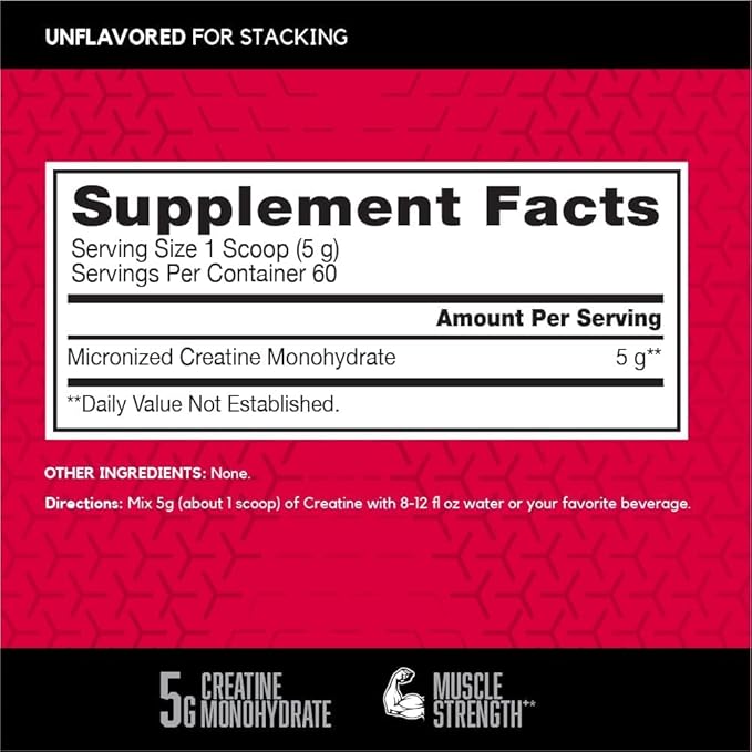 BSN Micronized Creatine Monohydrate Powder, Unflavored, 60 Servings, Supports Muscle Strength, 5g
