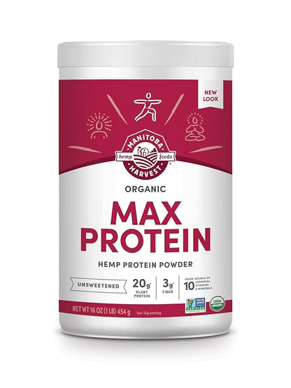 Manitoba Harvest Hemp Yeah Organic Max Protein Powder, Unsweetened, 16oz, with 20g Protein and 4.5g