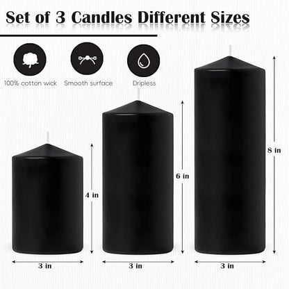 Set of 3 Different Size Black Pillar Candles, Unscented Dripless Large 3x4 3x6 3x8 Inch Long