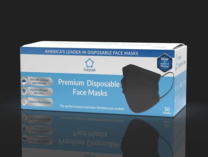 Litepak 2000pcs Disposable Face Masks Black 3-Ply Adult Mask Nose Wire Protection - Breathable