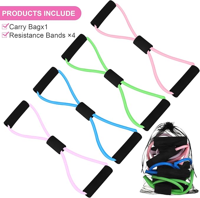 Figure 8 Shaped Resistance Bands -4-Pack Workout Bands with Handles Figure, 8 Exercise Bands for