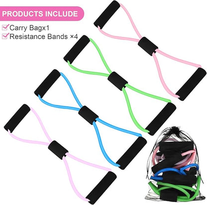 Figure 8 Shaped Resistance Bands -4-Pack Workout Bands with Handles Figure, 8 Exercise Bands for