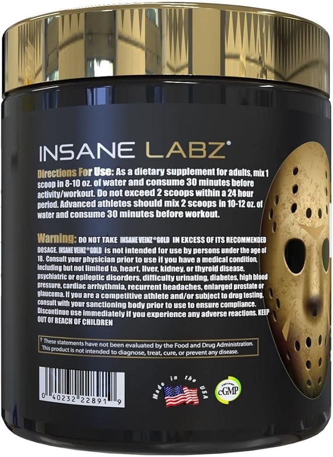Insane Labz Insane Veinz Gold, Nitric Oxide Non Stimulant pre Workout Powder, Loaded with Hydromax