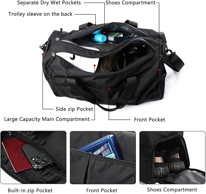 ZUEVI Sports Gym Duffel Bag for Men or Women Waterproof Weekender Travel Bag with Shoes Compartment