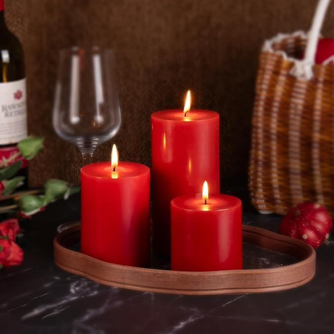 KONNI Red Pillar Candles Set of 3, 3"x 3" Unscented Pillar Candles Bulk, 30 Hours Long Burning