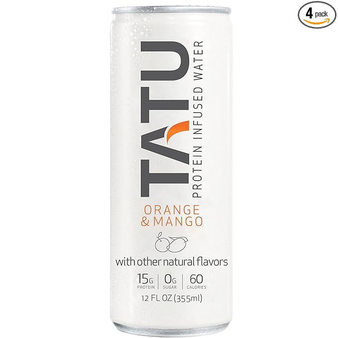 TATU Ready-To-Drink Protein Infused Water Orange Mango 4 Pack. 15 grams of whey protein isolate, 0